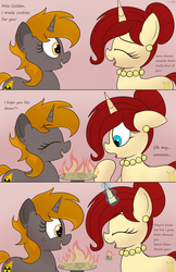 Size: 2922x4500 | Tagged: safe, artist:an-tonio, oc, oc:golden brooch, oc:nuclear fusion, pony, unicorn, cookie, dialogue, fire, food, tray