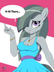 Size: 3000x4000 | Tagged: safe, artist:brokententacle, marble pie, earth pony, anthro, g4, armpits, bracelet, breasts, busty marble pie, clothes, cute, dress, female, jewelry, marblebetes, necklace, ribbon, solo