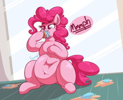 Size: 3433x2801 | Tagged: safe, artist:graphenescloset, pinkie pie, pony, series:pinkie breaks the fourth wall, belly, belly button, big belly, cupcake, eating, fat, female, food, food baby, fourth wall, incentive drive, overeating, pudgy pie, solo, stuffed, weight gain, weight gain sequence