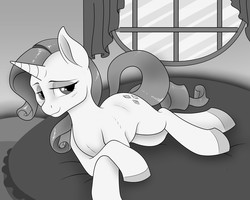 Size: 3361x2685 | Tagged: safe, artist:anadukune, rarity, pony, unicorn, g4, bed, female, grayscale, high res, lidded eyes, looking at you, mare, monochrome, sketch, solo, window