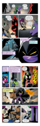 Size: 650x2000 | Tagged: safe, edit, idw, high heel, long face, mane-iac, pharaoh phetlock, shadowmane, smudge (g4), earth pony, pegasus, pony, unicorn, comic:friendship is dragons, g4, spoiler:comic, spoiler:comicannual2014, background pony, braid, chains, cloak, clothes, comic, dialogue, female, glowing eyes, hoof hold, implied applejack, implied fluttershy, implied pinkie pie, implied rainbow dash, implied rarity, implied twilight sparkle, key, lock, male, mare, necktie, police, police officer, prison, prison outfit, saddle bag, stallion, text edit
