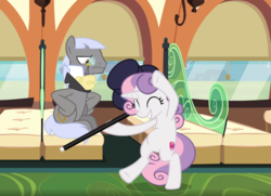 Size: 1056x766 | Tagged: safe, screencap, caesar, count caesar, sweetie belle, earth pony, pony, unicorn, growing up is hard to do, being big is all it takes, bipedal, cane, cropped, cute, cutie mark, dancing, diasweetes, duo, excited, eyes closed, female, hat, holding, male, older, older sweetie belle, stallion, the cmc's cutie marks, top hat