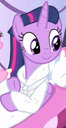 Size: 346x664 | Tagged: safe, screencap, twilight sparkle, alicorn, pony, g4, interseason shorts, rarity's biggest fan, alternate hairstyle, bathrobe, clothes, cropped, cute, female, mare, offscreen character, ponyville spa, reclining, robe, smiling, solo focus, spa, twiabetes, twilight sparkle (alicorn)