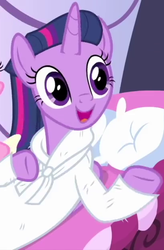 Size: 409x623 | Tagged: safe, screencap, aloe, twilight sparkle, alicorn, pony, g4, interseason shorts, rarity's biggest fan, alternate hairstyle, bathrobe, clothes, cropped, cute, female, mare, offscreen character, open mouth, ponyville spa, reclining, robe, sitting, smiling, solo focus, spa, twiabetes, twilight sparkle (alicorn)