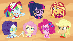 Size: 1920x1080 | Tagged: safe, anonymous artist, edit, applejack, fluttershy, pinkie pie, rainbow dash, rarity, sci-twi, sunset shimmer, twilight sparkle, equestria girls, equestria girls series, g4, spring breakdown, spoiler:eqg series (season 2), baseball cap, cap, clothes, dress, female, geode of shielding, geode of sugar bombs, geode of super speed, geode of super strength, glasses, hat, humane five, humane seven, humane six, jungle, magical geodes, ponytail, quicksand, sinking, sunglasses