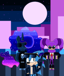 Size: 3790x4480 | Tagged: safe, artist:superhypersonic2000, princess luna, alicorn, pony, g4, city, clothes, crossover, jacket, male, moon, night, nights, nights into dreams, pixel art, sonic the hedgehog, sonic the hedgehog (series), sunglasses
