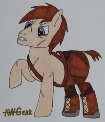 Size: 2912x3392 | Tagged: safe, artist:awgear, oc, oc:polished gear, pony, fallout equestria, angry, blue eyes, boots, brown mane, brown tail, clothes, edgy, high res, male, raider, scar, shoes