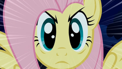 Size: 1600x900 | Tagged: safe, screencap, fluttershy, pegasus, pony, g4, stare master, eye, eyes, female, frown, looking at you, mare, solo, spread wings, stare, the stare, wings