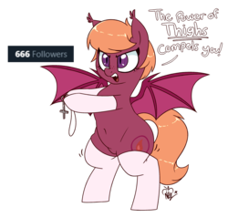 Size: 2300x2200 | Tagged: safe, artist:notenoughapples, oc, oc only, oc:capillary, bat pony, pony, bat pony oc, belly button, bipedal, clothes, high res, leggings, milestone, nudity, pubic mound, simple background, slit pupils, solo, speech, transparent background