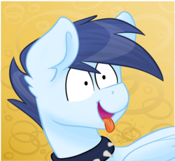 Size: 933x856 | Tagged: safe, artist:cadetredshirt, oc, oc only, oc:slipstream, pegasus, pony, blue coat, blue mane, boofy, bust, collar, ear fluff, male, profile picture, simple background, solo, spiked collar, spiky hair, spiky mane, stallion, tongue out
