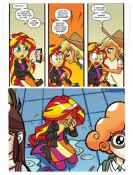 Size: 3106x4096 | Tagged: safe, idw, official comic, applejack, scribble dee, sunset shimmer, velvet sky, equestria girls, g4, spoiler:comicholiday2014, abuse, anon-a-miss, crying, sad, shimmerbuse