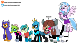 Size: 3751x2119 | Tagged: safe, artist:eagc7, gallus, ocellus, sandbar, silverstream, smolder, yona, changedling, changeling, classical hippogriff, dragon, earth pony, griffon, hippogriff, pony, yak, g4, aqualad, beast boy, boots, bow, cloak, clothes, cloven hooves, colored hooves, commission, cyborg (dc comics), dc comics, dialogue, dragoness, female, gallus is not amused, hair bow, high res, jewelry, ko-fi, male, midriff, monkey swings, necklace, nightwing, patreon, raven (dc comics), shoes, simple background, skirt, smolder is not amused, stallion, starfire, student six, superhero, teen titans, teenager, transparent background, unamused