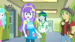 Size: 1280x720 | Tagged: safe, screencap, aqua blossom, blueberry cake, captain planet, paisley, sandalwood, equestria girls, equestria girls series, g4, holidays unwrapped, spoiler:eqg series (season 2), background human, canterlot high, clothes, compression shorts, female, hand in pocket, lockers, male, pants, plusplus, skirt