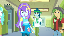 Size: 1280x720 | Tagged: safe, screencap, aqua blossom, blueberry cake, captain planet, paisley, sandalwood, equestria girls, equestria girls series, g4, holidays unwrapped, spoiler:eqg series (season 2), background human, book, canterlot high, clothes, compression shorts, female, hand in pocket, lockers, pants, plusplus, skirt