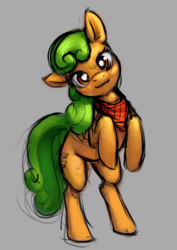 Size: 670x945 | Tagged: artist needed, safe, perfect pie, earth pony, pony, g4, apple family member, background pony, bandana, clothes, female, floppy ears, gray background, head tilt, looking at you, mare, rearing, scarf, simple background, sketch, smiling, solo