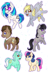 Size: 3600x5400 | Tagged: safe, artist:8bitgalaxy, bon bon, derpy hooves, dj pon-3, doctor whooves, lyra heartstrings, octavia melody, sweetie drops, time turner, vinyl scratch, earth pony, pegasus, pony, unicorn, adorabon, background six, chest fluff, chibi, cute, derpabetes, doctor who, doctorbetes, female, lyrabetes, male, mare, mouth hold, signature, simple background, sonic screwdriver, stallion, tavibetes, the doctor, vinylbetes, white background