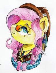 Size: 1024x1339 | Tagged: safe, artist:lailyren, fluttershy, pony, g4, 2019, bust, ear piercing, earring, female, glasses, hat, hippieshy, jewelry, necklace, piercing, portrait, round glasses, smiling, solo, sunglasses