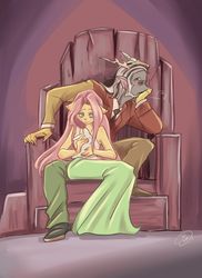 Size: 759x1042 | Tagged: safe, artist:dinakyo, discord, fluttershy, rabbit, anthro, g4, animal, clothes, dress, female, male, ship:discoshy, shipping, straight, suit, throne