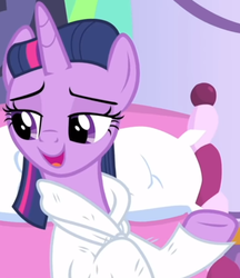 Size: 620x718 | Tagged: safe, screencap, twilight sparkle, alicorn, pony, g4, interseason shorts, rarity's biggest fan, alternate hairstyle, bathrobe, clothes, cropped, cute, female, lidded eyes, mare, open mouth, ponyville spa, robe, smiling, solo, spa, twiabetes, twilight sparkle (alicorn)