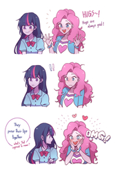 Size: 1000x1500 | Tagged: safe, artist:dcon, pinkie pie, twilight sparkle, human, equestria girls, g4, my little pony equestria girls, cute, dialogue, diapinkes, duo, eyebrows, eyebrows visible through hair, female, heart, implied appledash, implied lesbian, implied shipping, open mouth, parody, scene parody, sexually oblivious