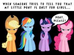 Size: 618x461 | Tagged: safe, applejack, pinkie pie, rainbow dash, twilight sparkle, pony, g4, 2011, brony, in-universe pegasister, looking at you, meme, narrowed eyes, speech bubble