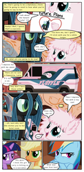 Size: 720x1470 | Tagged: safe, artist:missfinefeather, artist:newbiespud, edit, edited screencap, screencap, applejack, queen chrysalis, rainbow dash, twilight sparkle, oc, oc:fluffle puff, changeling, changeling queen, earth pony, pegasus, pony, unicorn, comic:friendship is dragons, g4, ..., annoyed, collaboration, comic, dialogue, duckface, dungeons and dragons, female, frown, mare, mouth hold, pen and paper rpg, rpg, screencap comic, unicorn twilight, van