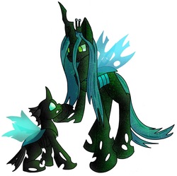 Size: 1543x1536 | Tagged: safe, artist:draconic-vulcano, artist:voxaz, queen chrysalis, thorax, changeling, changeling queen, g4, crown, duo, female, jewelry, looking at each other, male, regalia, request, simple background, white background