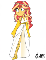 Size: 1000x1300 | Tagged: safe, artist:artmlpk, sunset shimmer, equestria girls, g4, clothes, costume, cute, female, greek, greek clothes, greek mythology, high heels, shimmerbetes, shoes, simple background, solo, white background
