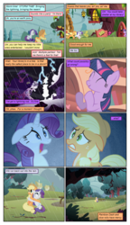 Size: 612x1061 | Tagged: safe, artist:newbiespud, artist:winged cat, edit, edited screencap, screencap, applejack, rarity, twilight sparkle, earth pony, pony, unicorn, comic:friendship is dragons, g4, look before you sleep, clapping, collaboration, comic, dialogue, eyes closed, female, floppy ears, freckles, golden oaks library, gritted teeth, hat, hooves, horn, hug, implied fluttershy, implied pinkie pie, implied rainbow dash, lightning, mare, open mouth, rain, running, scared, screencap comic, sitting, smiling, storm, tree, unicorn twilight