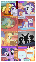 Size: 612x1061 | Tagged: safe, artist:newbiespud, artist:winged cat, edit, edited screencap, screencap, applejack, rarity, twilight sparkle, earth pony, pony, unicorn, comic:friendship is dragons, g4, annoyed, book, bookshelf, collaboration, comic, dialogue, eyes closed, golden oaks library, grin, hat, hose, implied rainbow dash, ladder, looking at each other, mouth hold, mud, offscreen character, pillow, pillow fight, rain, screencap comic, smiling, unicorn twilight, wet, wet mane, wet mane rarity, worried