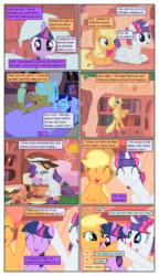 Size: 612x1061 | Tagged: safe, artist:newbiespud, artist:winged cat, edit, edited screencap, screencap, applejack, rarity, twilight sparkle, earth pony, pony, unicorn, comic:friendship is dragons, g4, ..., alternate hairstyle, bed, book, bookshelf, collaboration, comic, covering ears, dialogue, eyes closed, female, freckles, golden oaks library, hair curlers, hanging, implied fluttershy, implied rainbow dash, mare, mouth hold, music notes, on back, pillow, pillow fight, ponyloaf, prone, rope, screencap comic, singing, smiling, unicorn twilight, wide eyes