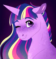 Size: 872x917 | Tagged: safe, artist:cascayd, twilight sparkle, pony, constellation, cute, female, floppy ears, freckles, looking at you, mare, one eye closed, rainbow ponies, smiling, solo, stars, twiabetes, wink
