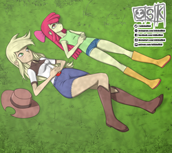 Size: 1559x1386 | Tagged: safe, artist:oldskullkid, apple bloom, applejack, equestria girls, g4, apple sisters, boots, clothes, cowboy boots, cowboy hat, cute, duo, female, hat, jeans, looking up, lying down, on back, pants, shirt, shoes, shorts, siblings, sisters, skirt