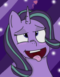 Size: 341x438 | Tagged: safe, artist:luyna, starlight glimmer, pony, unicorn, g4, ahegao, female, looking up, mare, open mouth, purple background, simple background, smiling, solo, teeth, tongue out