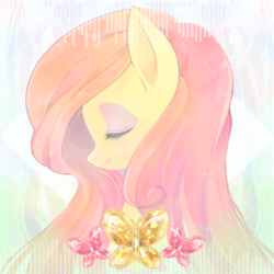 Size: 2800x2800 | Tagged: safe, artist:sibashen, fluttershy, pegasus, pony, g4, album cover, artwork, bust, cute, eyes closed, female, high res, mare, shyabetes, smiling, solo