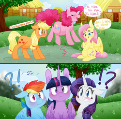 Size: 2500x2462 | Tagged: safe, artist:cartoonboyfriends, applejack, fluttershy, pinkie pie, rainbow dash, rarity, twilight sparkle, alicorn, earth pony, pegasus, pony, unicorn, comic:the question, g4, comic, exclamation point, female, floppy ears, herd, high res, hoof on belly, implied labor, interrobang, labor, lesbian, mane six, oh crap face, omniship, polyamory, preggo jack, preggoshy, preggy pie, pregnant, question mark, sensibly-proportioned pregnancy, shipping, startled, surprised, tree, twilight sparkle (alicorn)