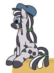 Size: 489x654 | Tagged: safe, artist:jargon scott, oc, oc only, oc:carjack, pony, zebra, female, hat, mare, simple background, sitting, solo, white background, zebra oc