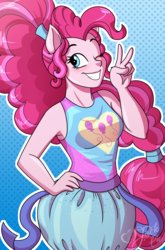 Size: 2369x3600 | Tagged: safe, artist:jack-pie, pinkie pie, equestria girls, g4, my little pony equestria girls: better together, blushing, clothes, cute, diapinkes, female, high res, looking at you, one eye closed, peace sign, ponied up, smiling, solo, super ponied up, wink
