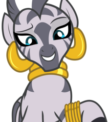 Size: 2988x3375 | Tagged: safe, artist:sketchmcreations, zecora, zebra, g4, she talks to angel, beautiful, bracelet, ear piercing, earring, female, grin, high res, jewelry, leg rings, lidded eyes, looking down, mare, neck rings, piercing, quadrupedal, raised eyebrow, raised hoof, ring, simple background, smiling, solo, transparent background, vector