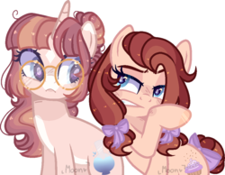 Size: 946x734 | Tagged: safe, artist:moon-rose-rosie, oc, oc only, oc:chocolate sprinkles, oc:rosalina, earth pony, pony, unicorn, base used, blushing, duo, female, glasses, mare, offspring, parent:cheese sandwich, parent:pinkie pie, parents:cheesepie, simple background, transparent background, white outline