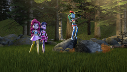 Size: 3840x2160 | Tagged: safe, artist:popa-3d-animations, pinkie pie, rainbow dash, twilight sparkle, equestria girls, g4, 3d, barefoot, clothes, dress, fall formal outfits, feet, forest, high res