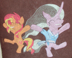 Size: 1208x961 | Tagged: safe, artist:malte279, mistmane, sunset shimmer, pony, g4, chalk, chalk drawing, czequestria, czequestria 2019, dancing, elley-ray hennessey, petra hobzová, street art, traditional art, tribute