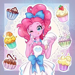 Size: 1225x1225 | Tagged: safe, artist:jumblehorse, pinkie pie, equestria girls, equestria girls series, g4, apron, bow, clothes, cupcake, cute, diapinkes, ear piercing, earring, female, food, icing bag, jewelry, lace, looking at you, one eye closed, piercing, solo, strawberry, tongue out