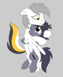 Size: 6536x8000 | Tagged: artist needed, source needed, safe, oc, oc only, oc:kate, oc:kej, pony, female, gray background, hug, k+k, male, oc x oc, shipping, simple background, straight, tongue out