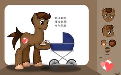 Size: 1465x900 | Tagged: safe, artist:99999999000, oc, oc only, oc:zhang xiangfan, pony, baby bottle, baby carriage, bottle, chinese, male, reference sheet, solo, translation request