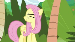 Size: 1920x1080 | Tagged: safe, screencap, angel bunny, fluttershy, pegasus, pony, g4, she talks to angel, eyes closed, female, floppy ears, mare, solo, wavy mouth