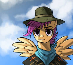 Size: 1000x884 | Tagged: safe, artist:not-ordinary-pony, derpibooru exclusive, scootaloo, pony, g4, back to the future, crossover, female, hat, mare, reference, scootaloo is not a chicken, sky, solo, spread wings, wings