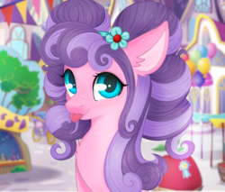 Size: 4514x3848 | Tagged: safe, artist:bellfa, petunia petals, earth pony, pony, g4, my little pony: rainbow roadtrip, :p, chest fluff, cute, ear fluff, female, flower, flower in hair, freckles, looking at you, mare, petalbetes, silly, solo, tongue out, ych result