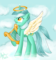 Size: 1989x1857 | Tagged: safe, artist:appleneedle, lyra heartstrings, angel, pony, g4, cloud, female, halo, lyre, musical instrument, solo