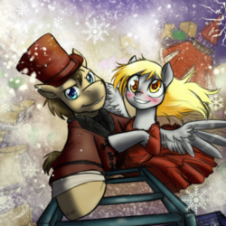 Size: 1200x1200 | Tagged: safe, artist:jitterbugjive, derpy hooves, doctor whooves, time turner, pegasus, pony, lovestruck derpy, g4, blushing, clara oswin oswald, clothes, cravat, doctor who, dress, female, frock coat, hat, ladder, male, mare, ship:doctorderpy, shipping, shirt, snow, snowfall, straight, tardis, the doctor, the snowmen, top hat